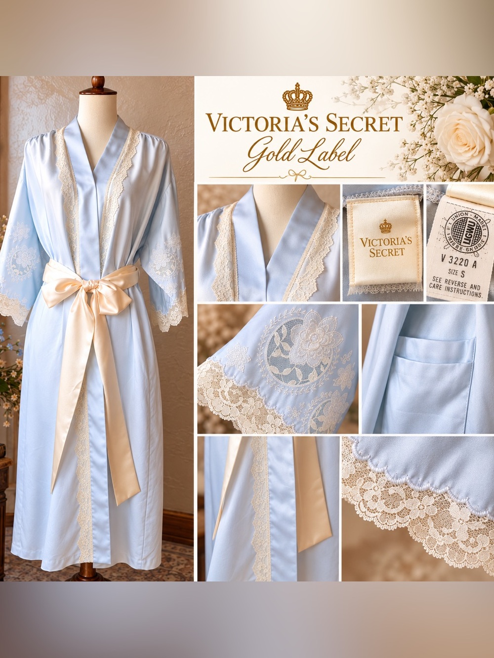 Vintage Victoria’s Secret Gold Crown Label Union Made Blue Satin Robe S